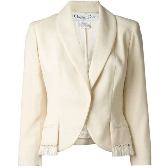 Christian Dior Vintage 2000's Shawl Lapel Fringe Blazer US 10 FR 42 Cream Wool - Picture 4 of 16